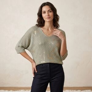 Lace Italy Metallic Gold Knit V-Neck Sage Sweater S/M Dolman Sleeve Boho Shimmer